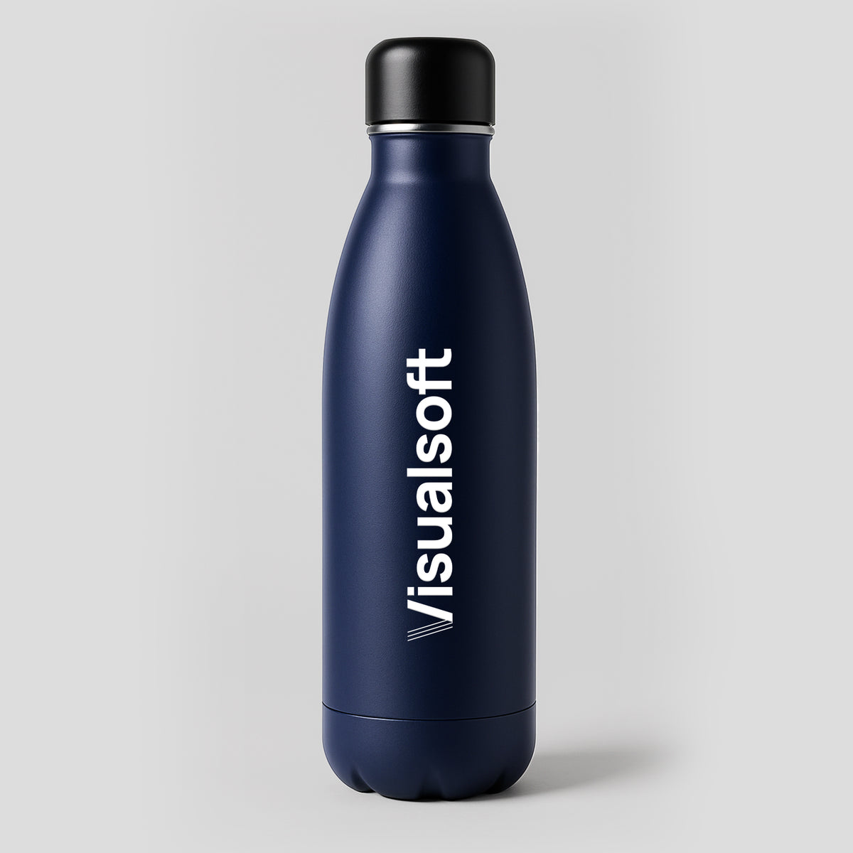 Navy blue water bottle with a black cap and the word "Visualsoft" written vertically in white.