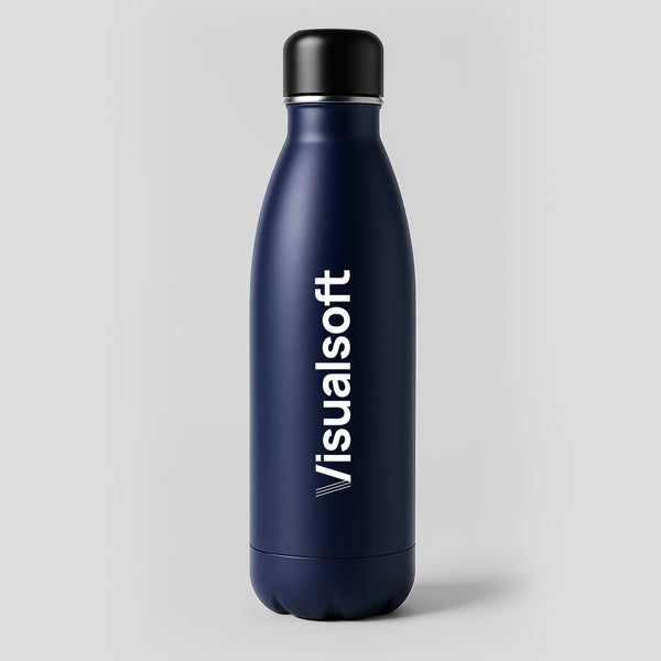 Navy blue water bottle with a black cap and the word "Visualsoft" written vertically in white.