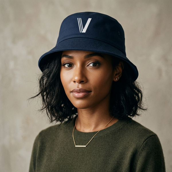 Woman wearing a Visualsoft Store Branded Bucket Hat