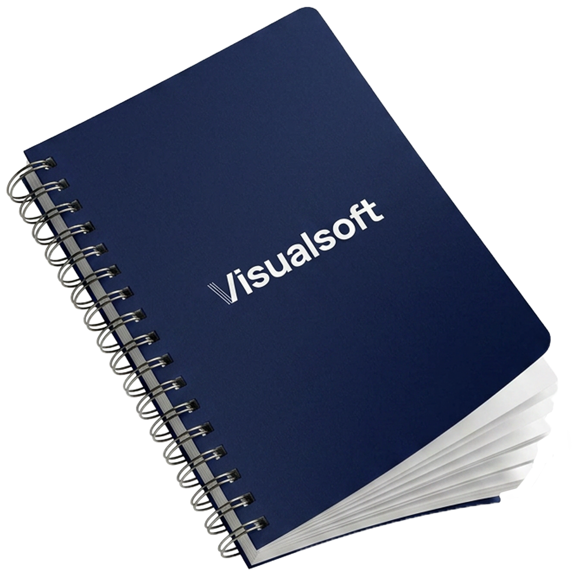 Branded Notebook from Visualsoft Store, dark blue with white Visualsoft logo and spiral binding