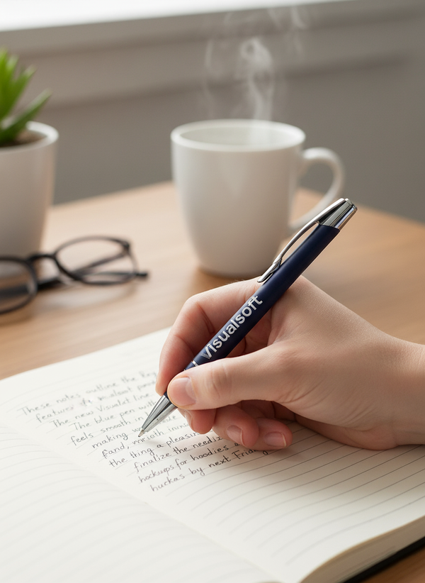 A person writing in a notebook with a Visualsoft branded pen.