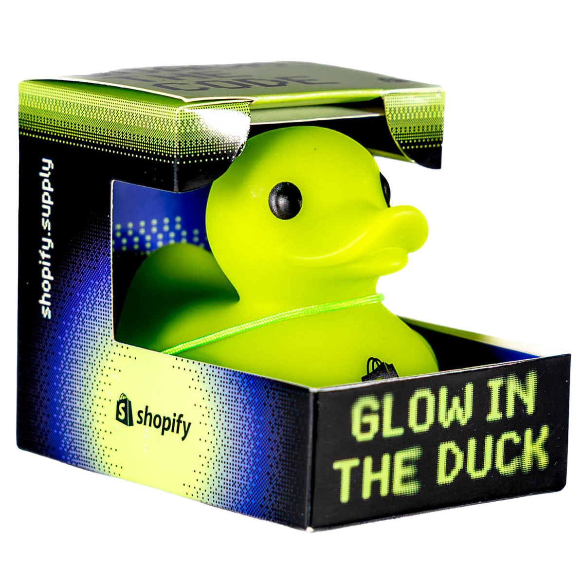 Glow in the Duck, a neon green rubber duck in a black and green box with Shopify branding