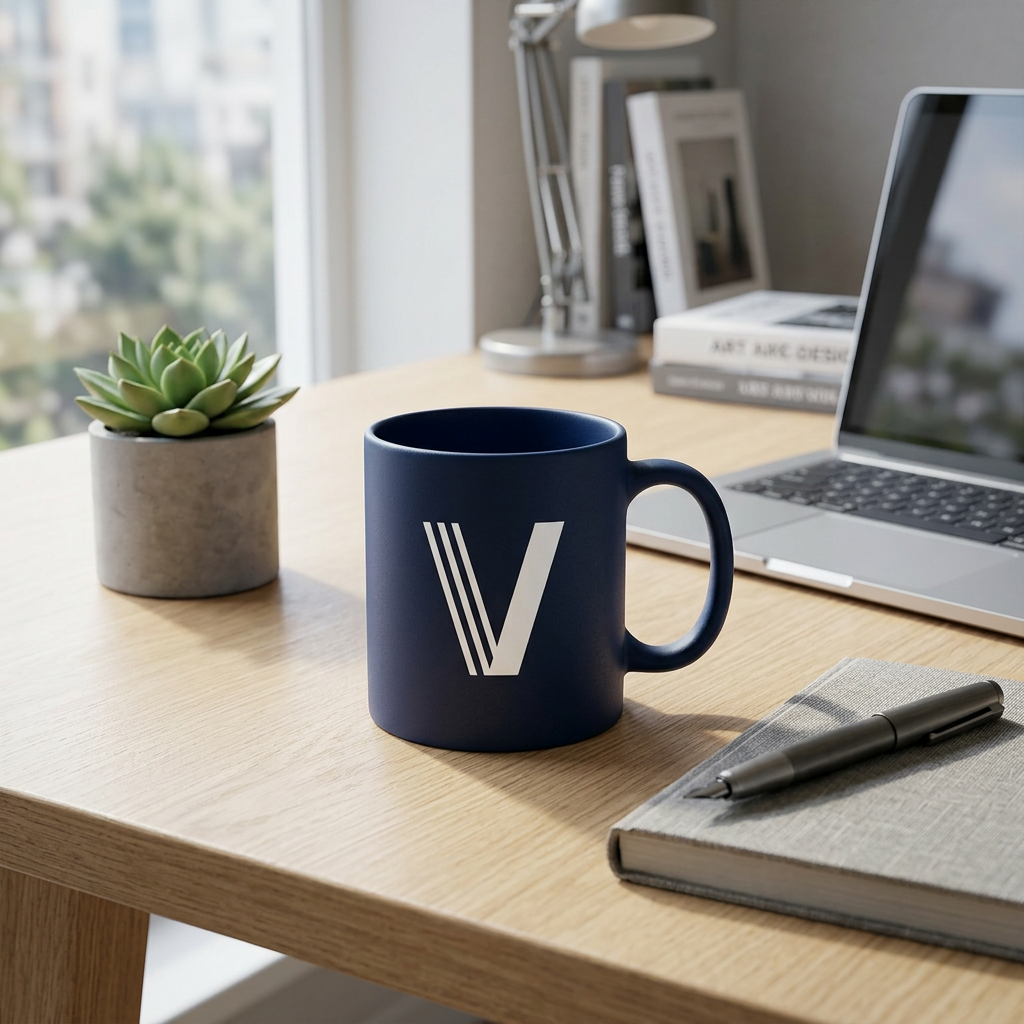 Visualsoft Store Branded Mug in navy with a white V logo, on a desk next to a laptop and plant