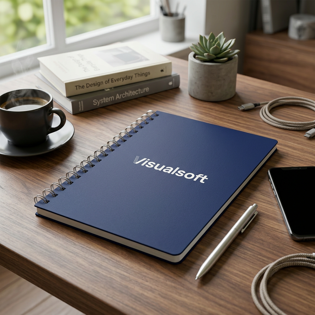 Visualsoft Branded Notebook on a wooden desk with a cup of coffee and books