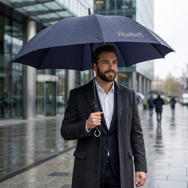 Man holding a Visualsoft branded umbrella in the rain