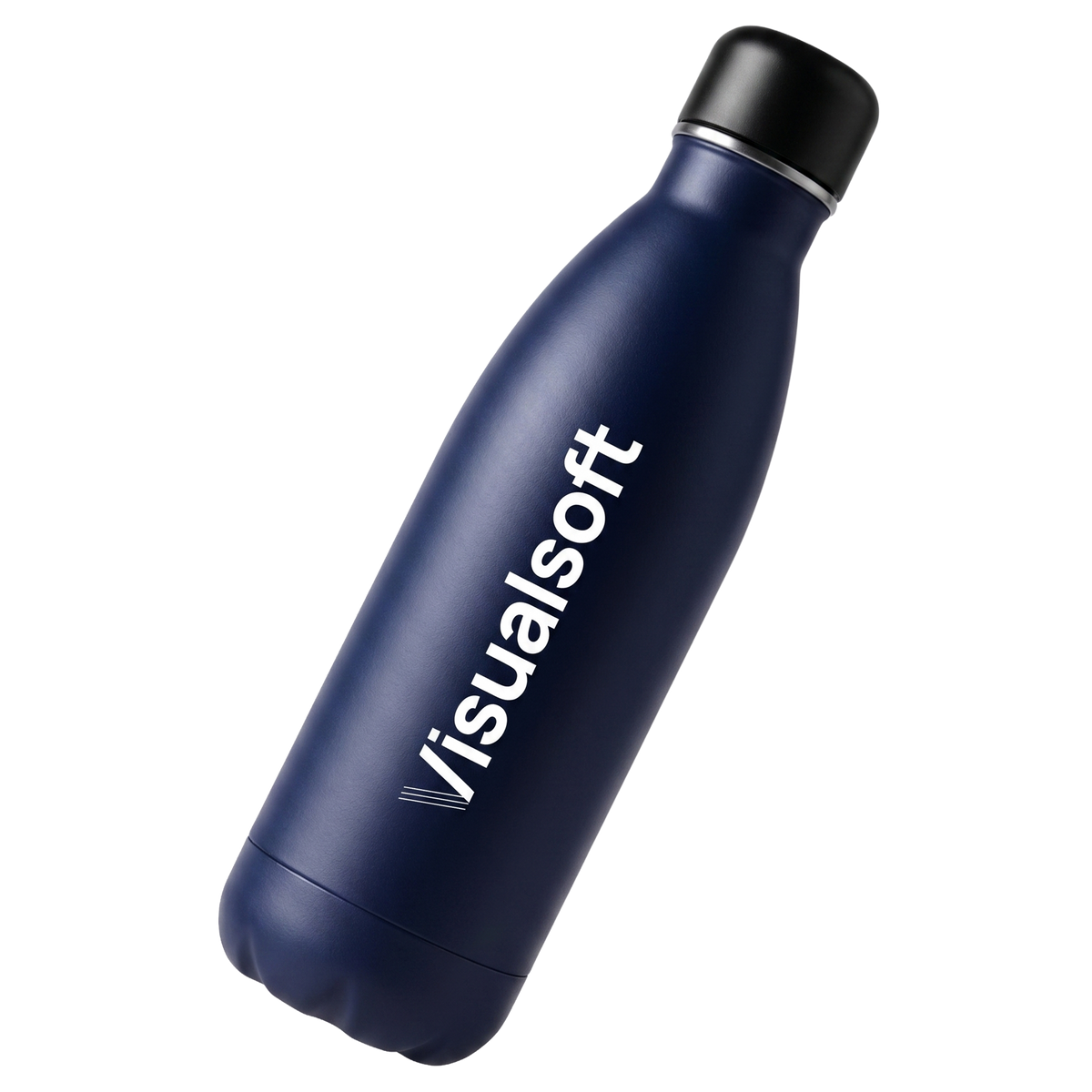 Visualsoft Store branded stainless steel drinks bottle in navy with a black lid