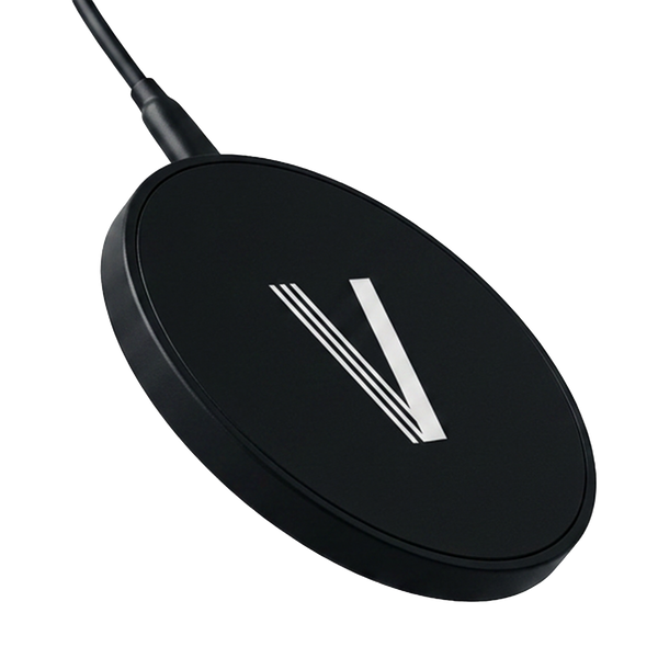 Black Wireless Charger with White V Logo from Visualsoft Store