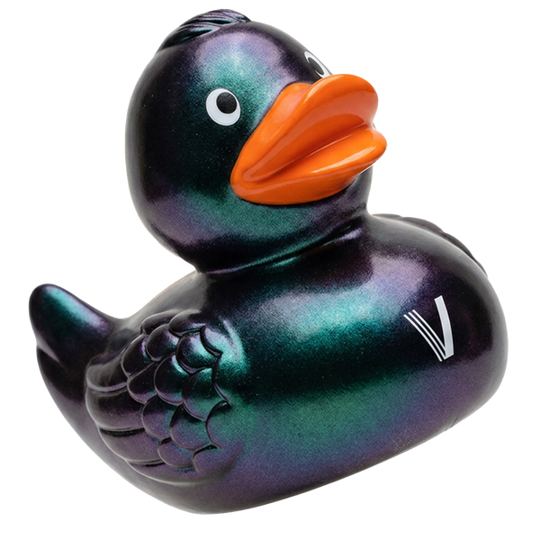Visualsoft Store Attentive Tote Bag, a dark iridescent rubber duck with an orange beak and a white V on its side