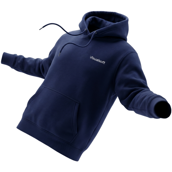Visualsoft Store Branded Hoodie in navy blue with white Visualsoft logo