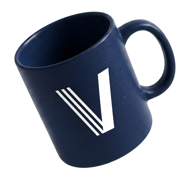 Visualsoft Store Branded Mug in navy with a white V logo and three white stripes