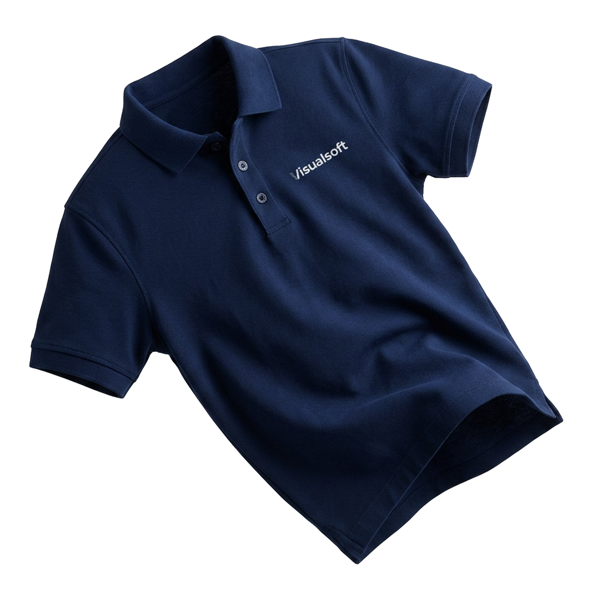 Visualsoft Store Branded Polo Shirt in navy blue with the Visualsoft logo embroidered on the chest