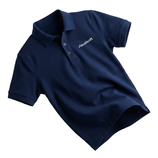 Visualsoft Store Branded Polo Shirt in navy blue with the Visualsoft logo embroidered on the chest