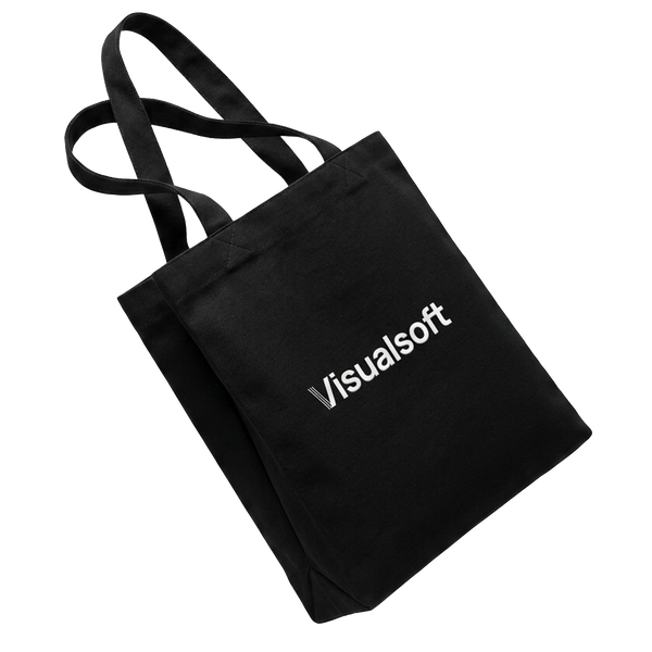 Black tote bag with white Visualsoft logo